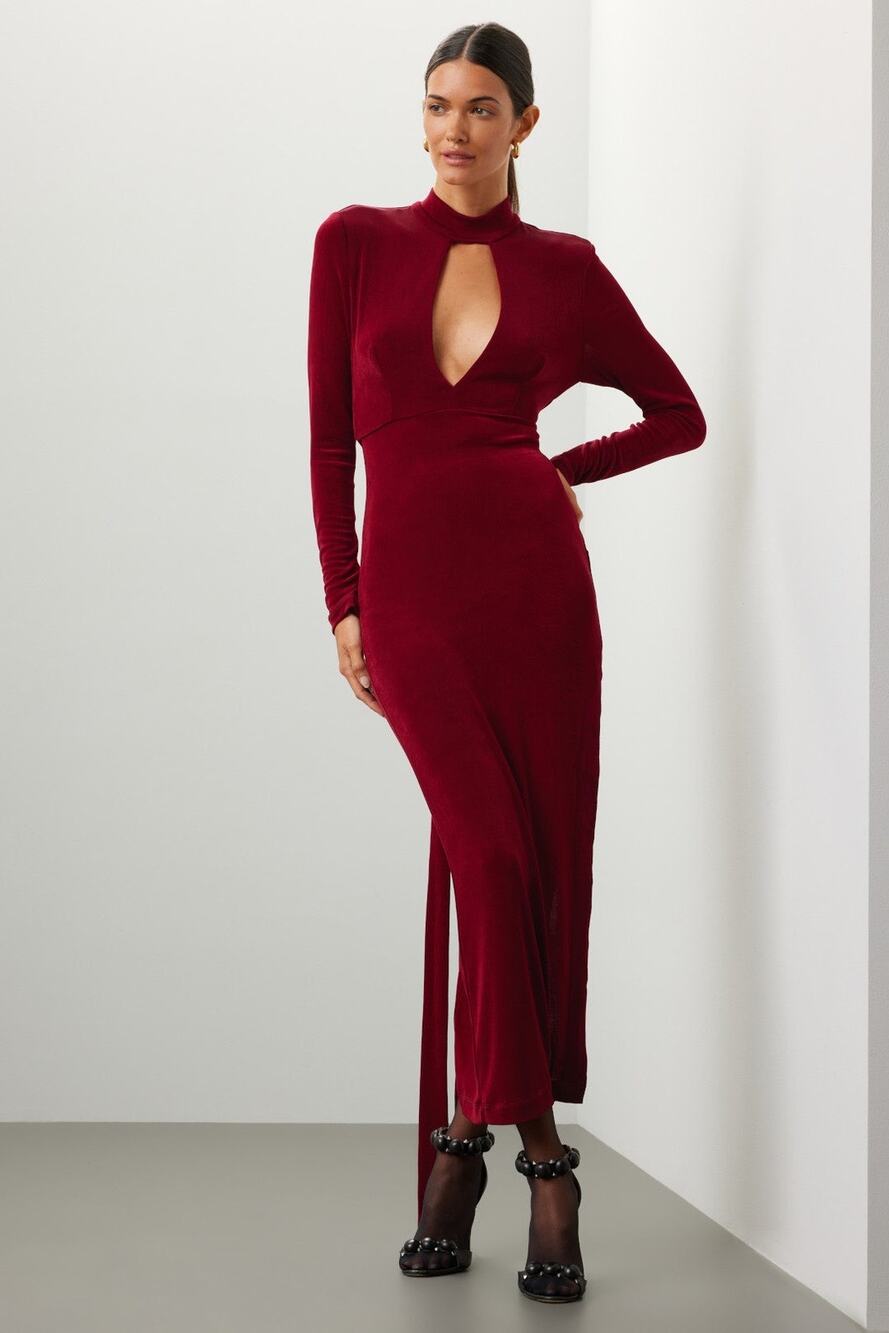 Bardot Red Ellis Long Sleeve Plunge Cut Out Open Back Tie Waist Maxi Dress XS